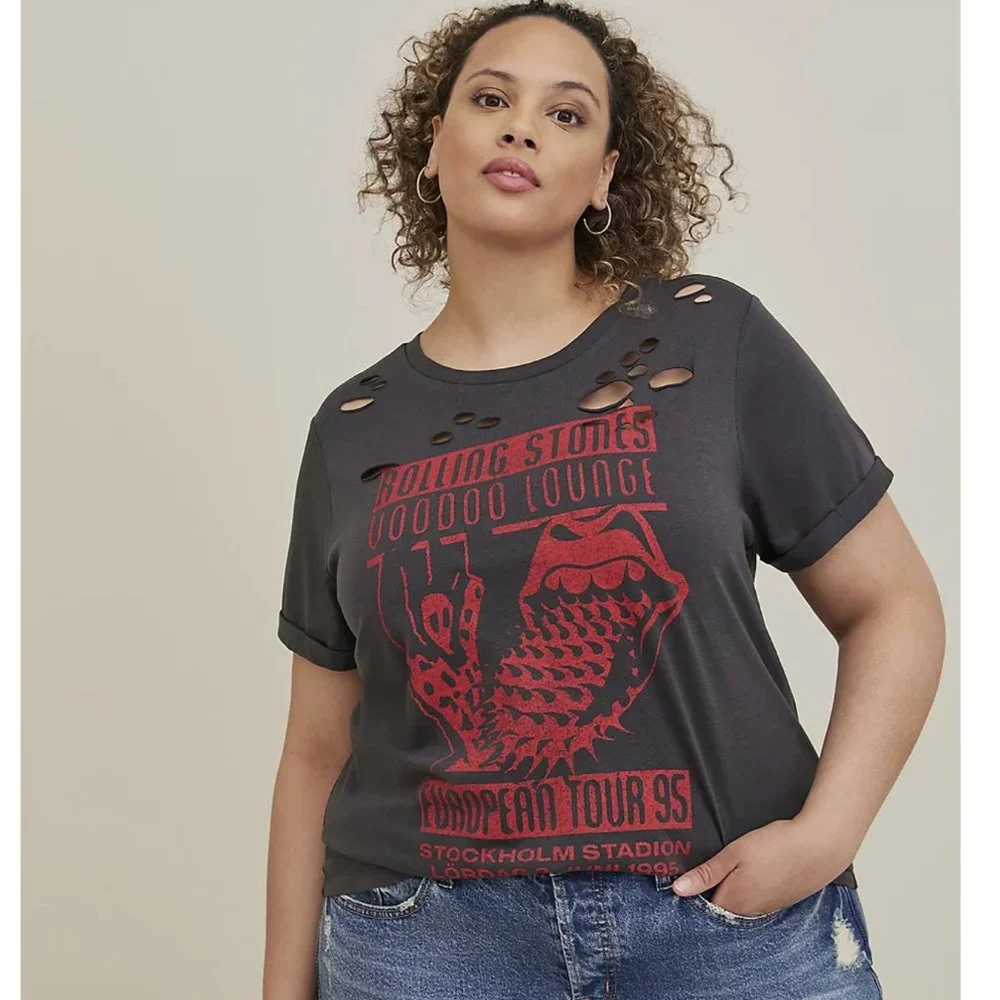 torrid Charcoal Black Distressed Rolling Stones Graphic Tunic with Red Print - Picture 2 of 4